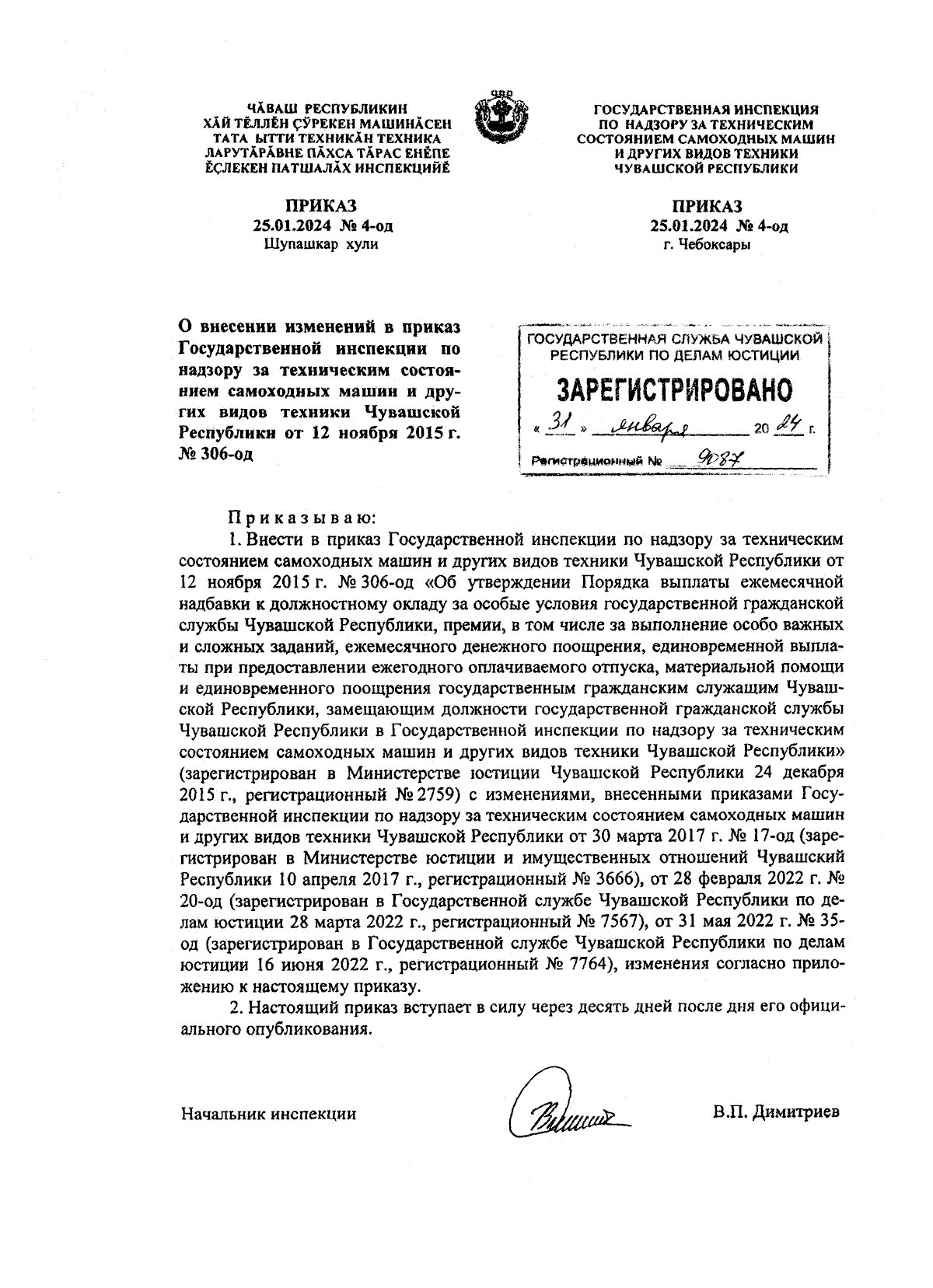 Приказ Государственной инспекции по надзору за техническим состоянием  самоходных машин и других видов техники Чувашской Республики от 25.01.2024  № 4-од ∙ Официальное опубликование правовых актов