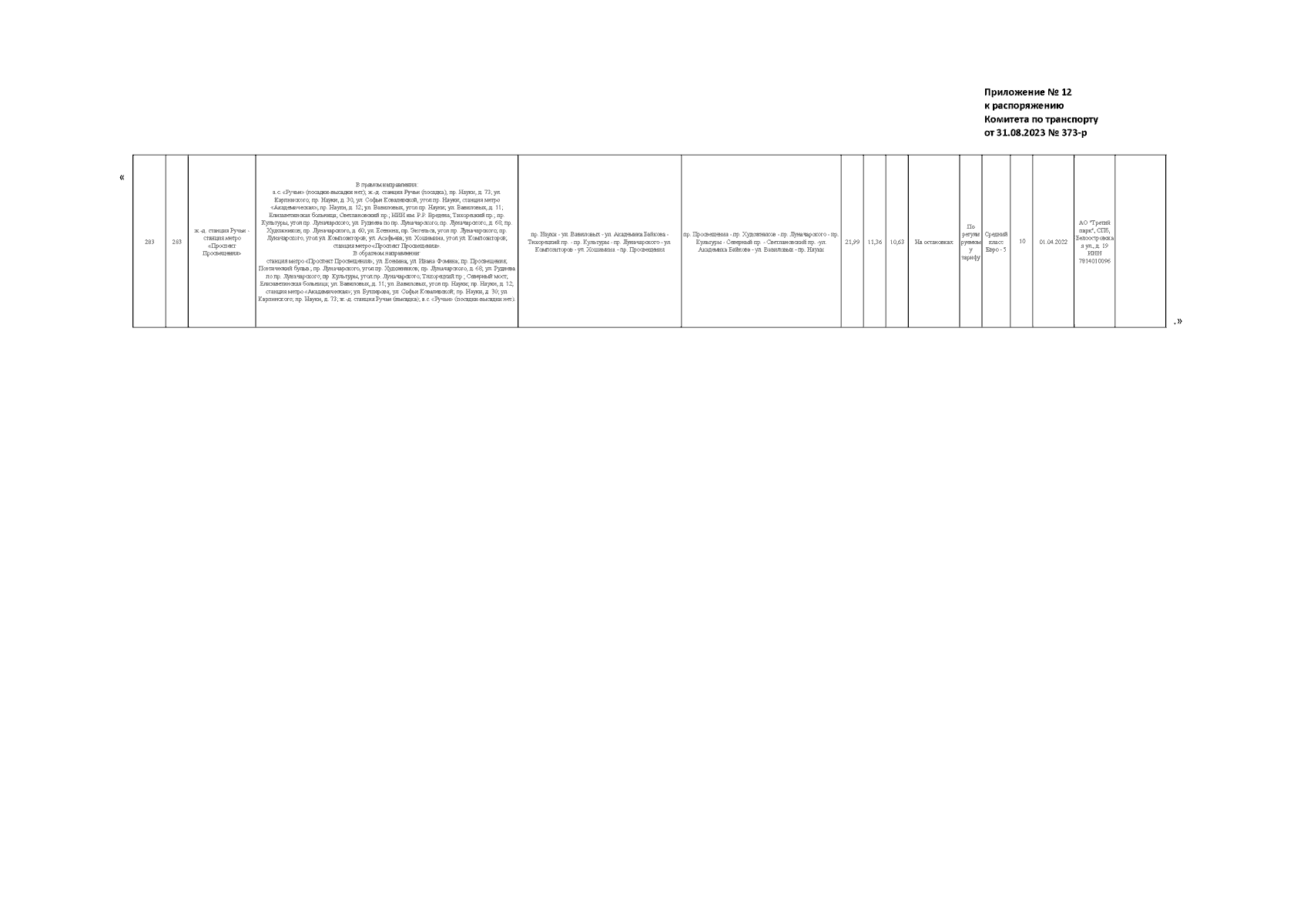 Распоряжение Комитета по транспорту Санкт-Петербурга от 31.08.2023 № 373-р  ∙ Официальное опубликование правовых актов
