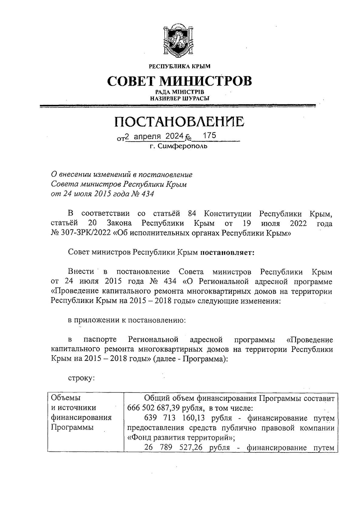 Постановление Совета министров Республики Крым от 02.04.2024 № 175 ∙  Официальное опубликование правовых актов