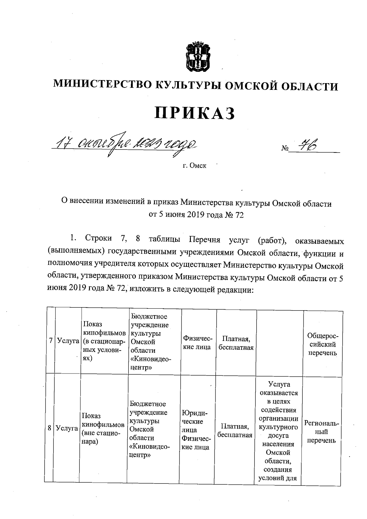 Приказ Министерства культуры Омской области от 17.10.2023 № 76 ∙  Официальное опубликование правовых актов