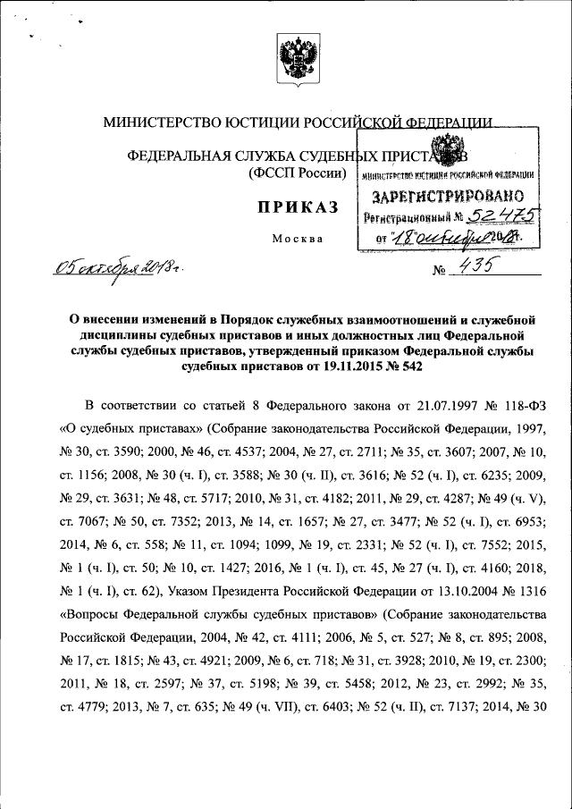 Приказ Федеральной Службы Судебных Приставов От 05.10.2018 № 435.