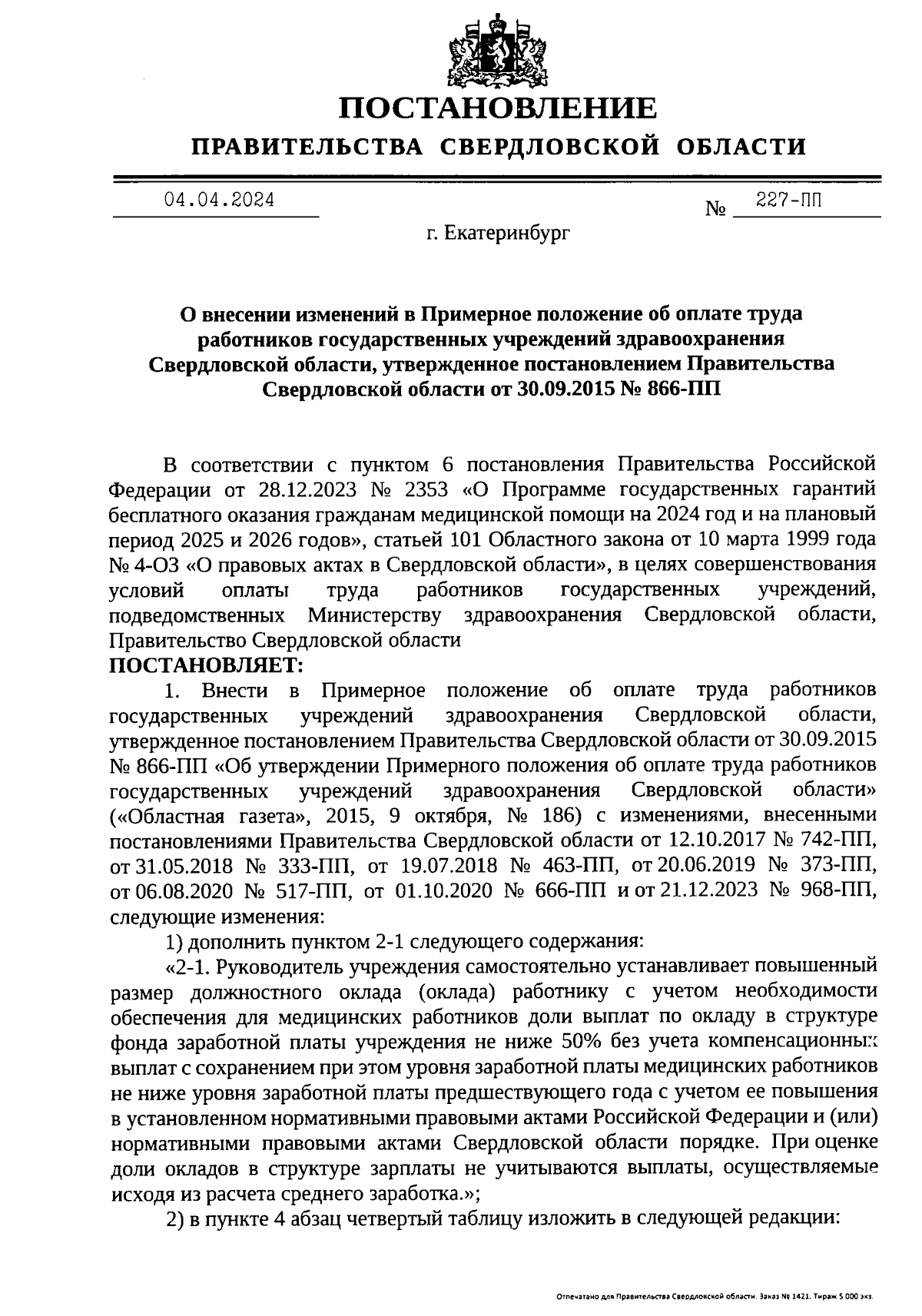 Постановление Правительства Свердловской области от 04.04.2024 № 227-ПП ∙  Официальное опубликование правовых актов