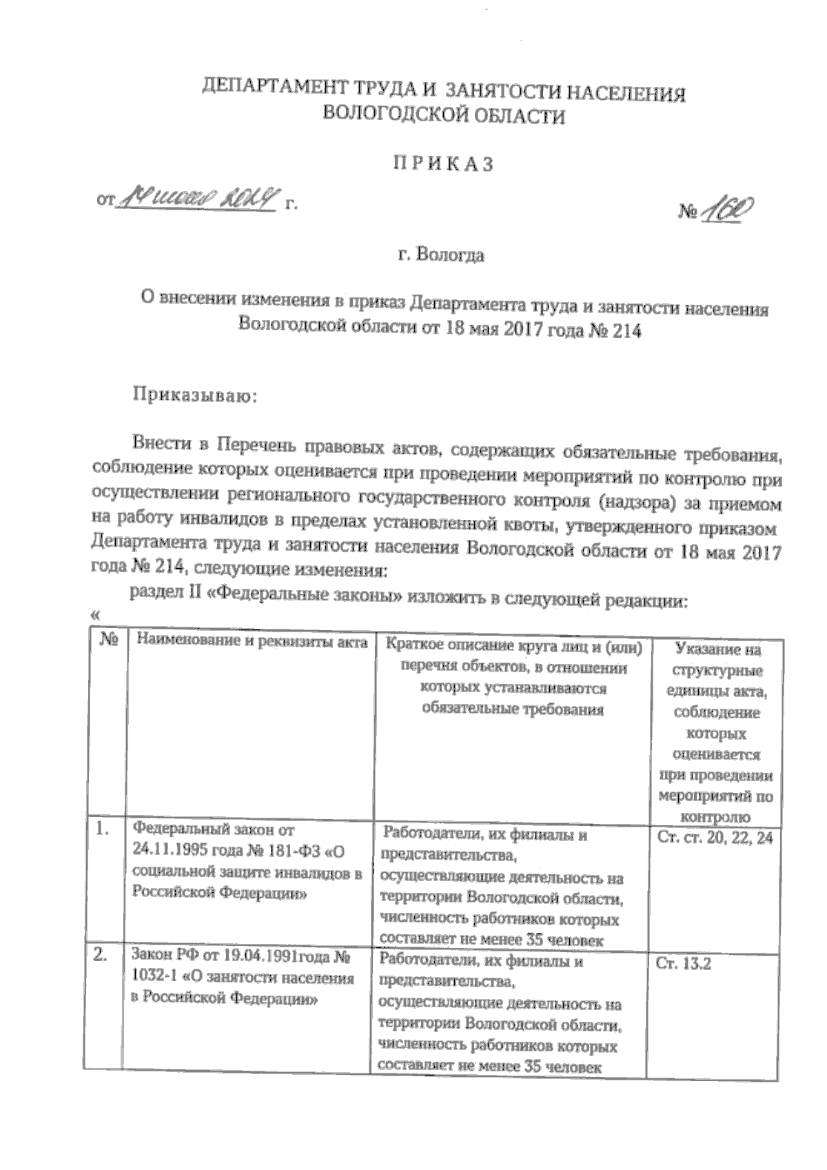 Приказ Департамента труда и занятости населения Вологодской области от  14.06.2024 № 160 ∙ Официальное опубликование правовых актов