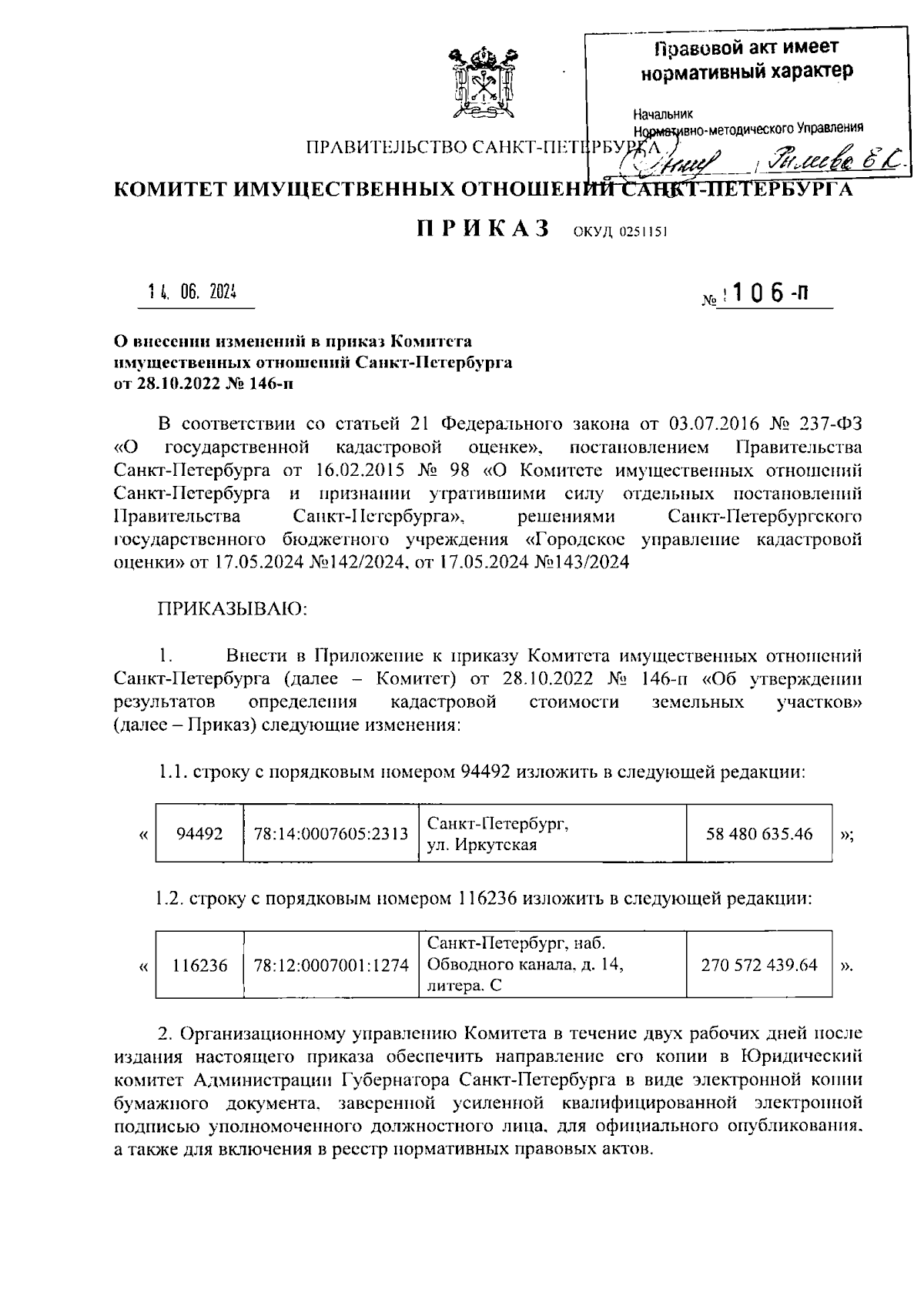 Приказ Комитета имущественных отношений Санкт-Петербурга от 14.06.2024 №  106-П ∙ Официальное опубликование правовых актов