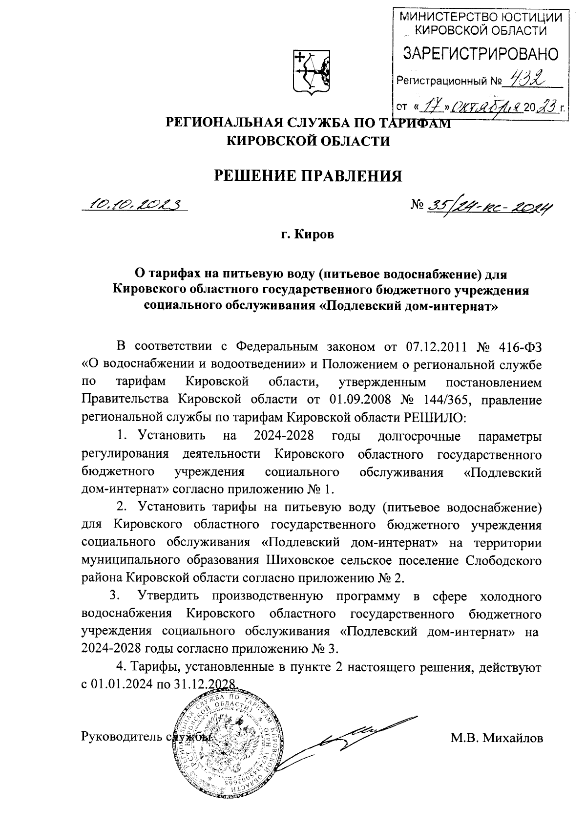 Решение правления региональной службы по тарифам Кировской области от  10.10.2023 № 35/24-кс-2024 ∙ Официальное опубликование правовых актов