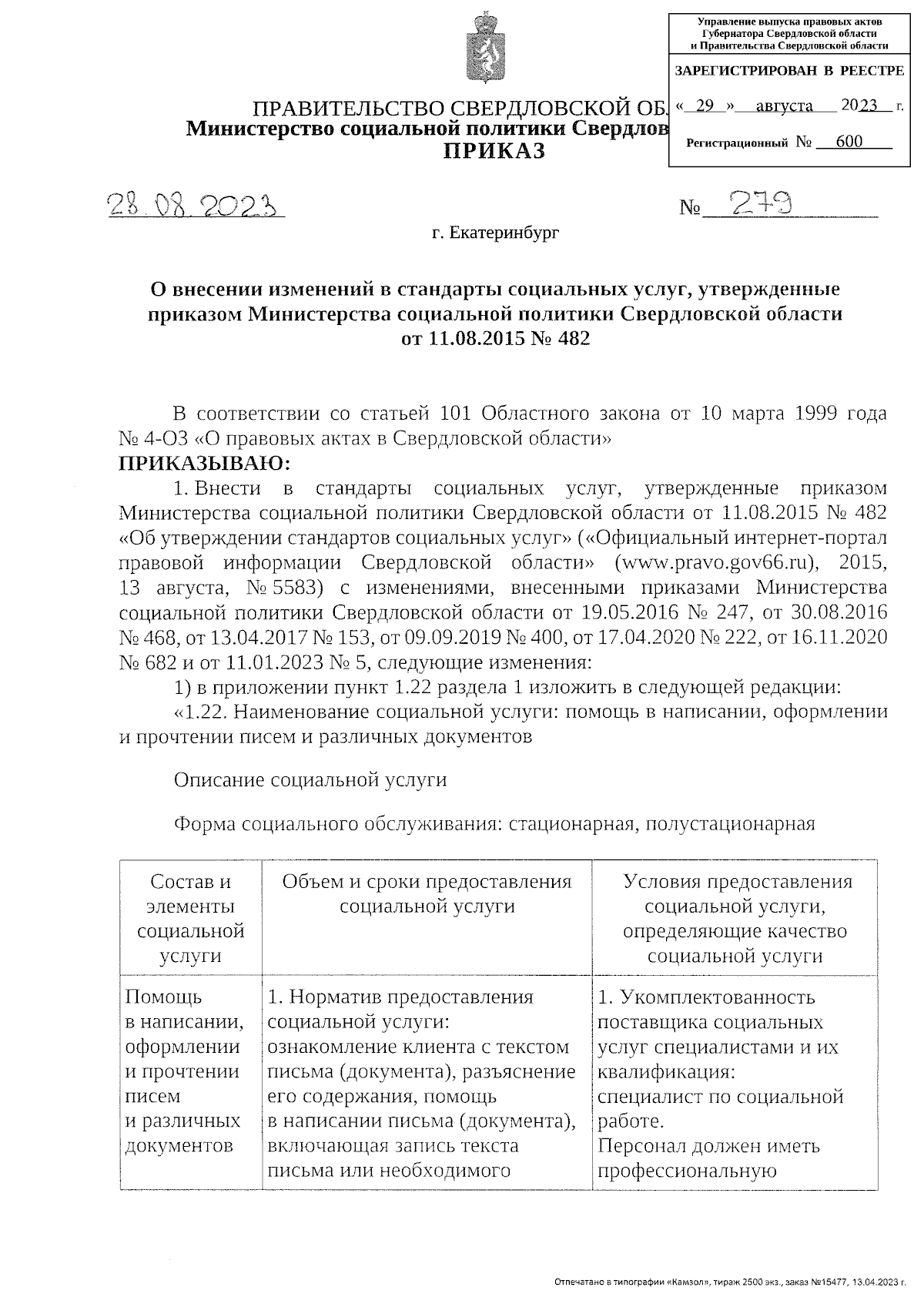 Приказ Министерства социальной политики Свердловской области от 28.08.2023  № 279 ∙ Официальное опубликование правовых актов