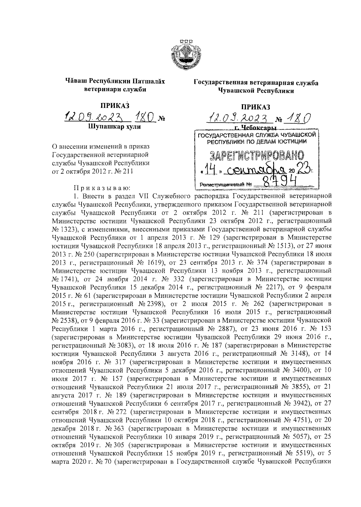 Приказ Государственной ветеринарной службы Чувашской Республики от  12.09.2023 № 180 ∙ Официальное опубликование правовых актов