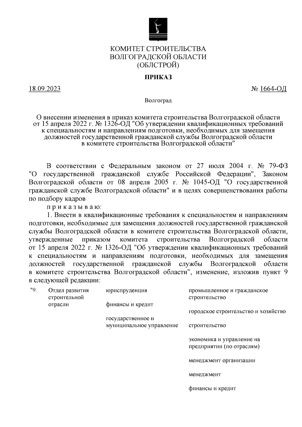 Приказ комитета строительства Волгоградской области от 18.09.2023 № 1664-ОД  ∙ Официальное опубликование правовых актов