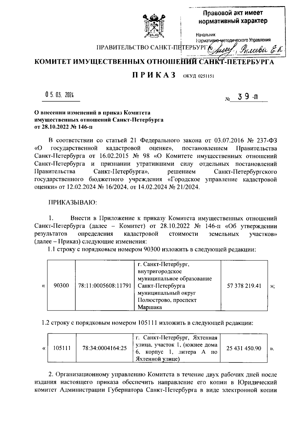 Приказ Комитета имущественных отношений Санкт-Петербурга от 05.03.2024 №  39-П ∙ Официальное опубликование правовых актов