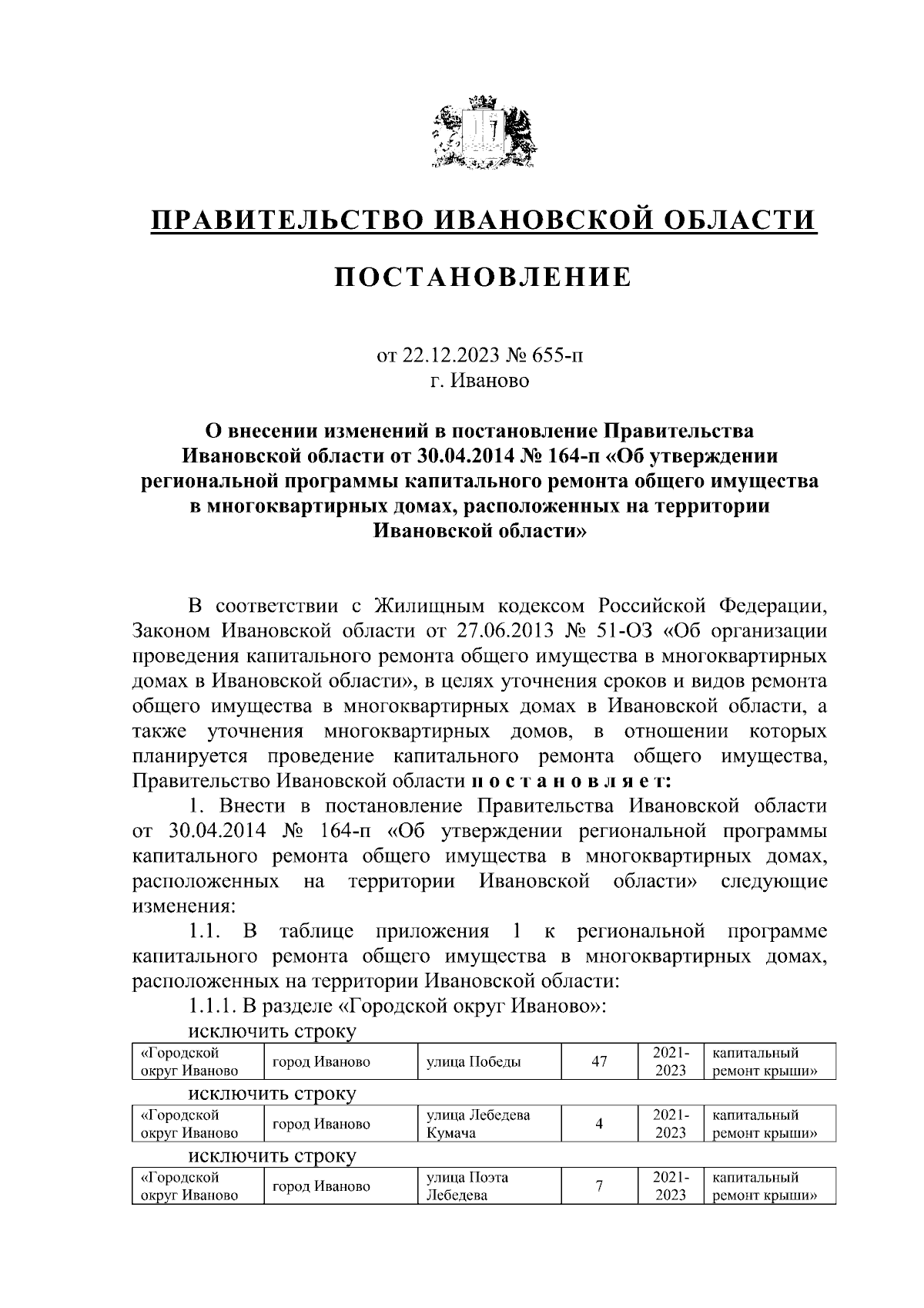 Постановление Правительства Ивановской области от 22.12.2023 № 655-п ∙  Официальное опубликование правовых актов