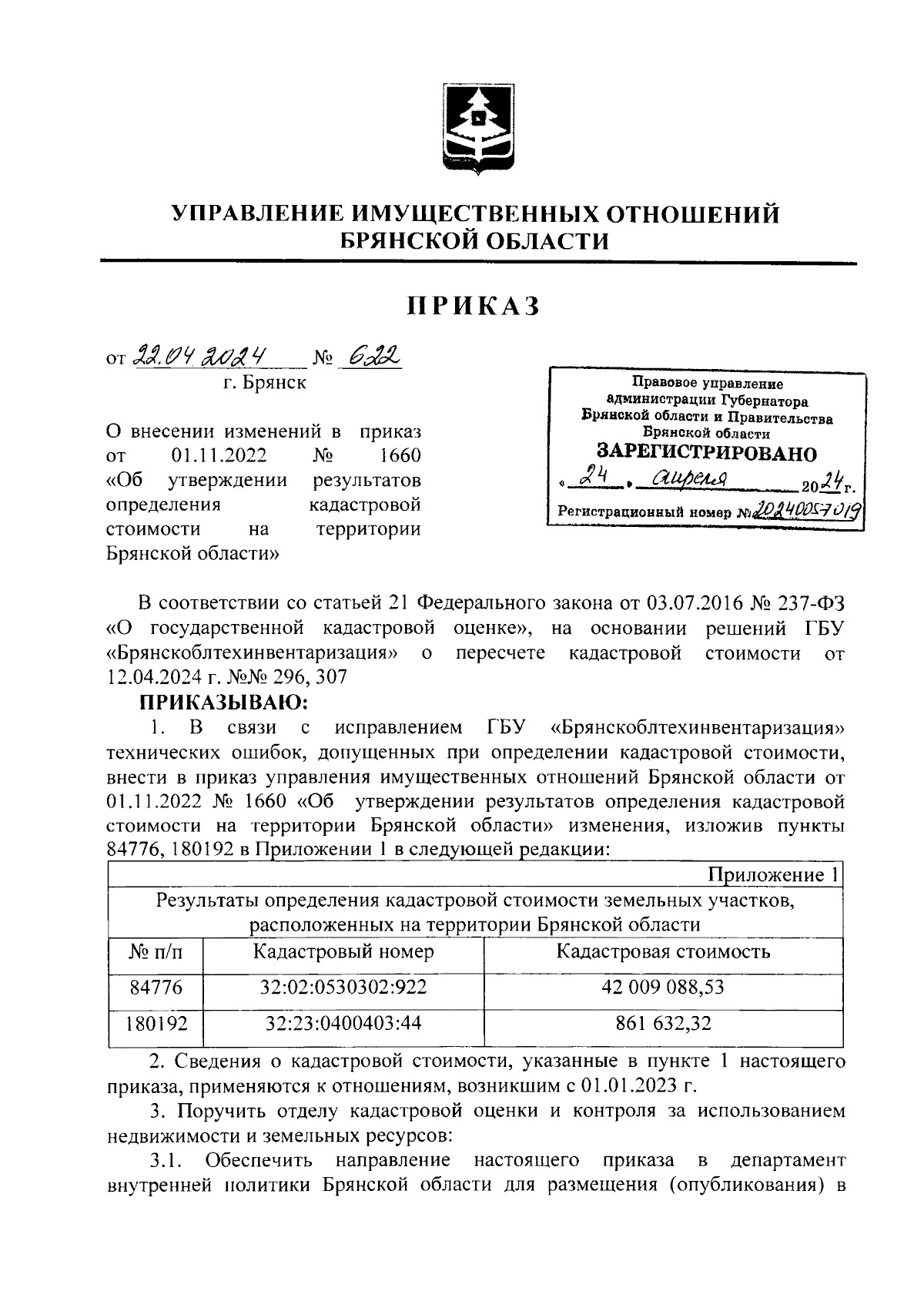 Приказ Управления имущественных отношений Брянской области от 22.04.2024 №  622 ∙ Официальное опубликование правовых актов