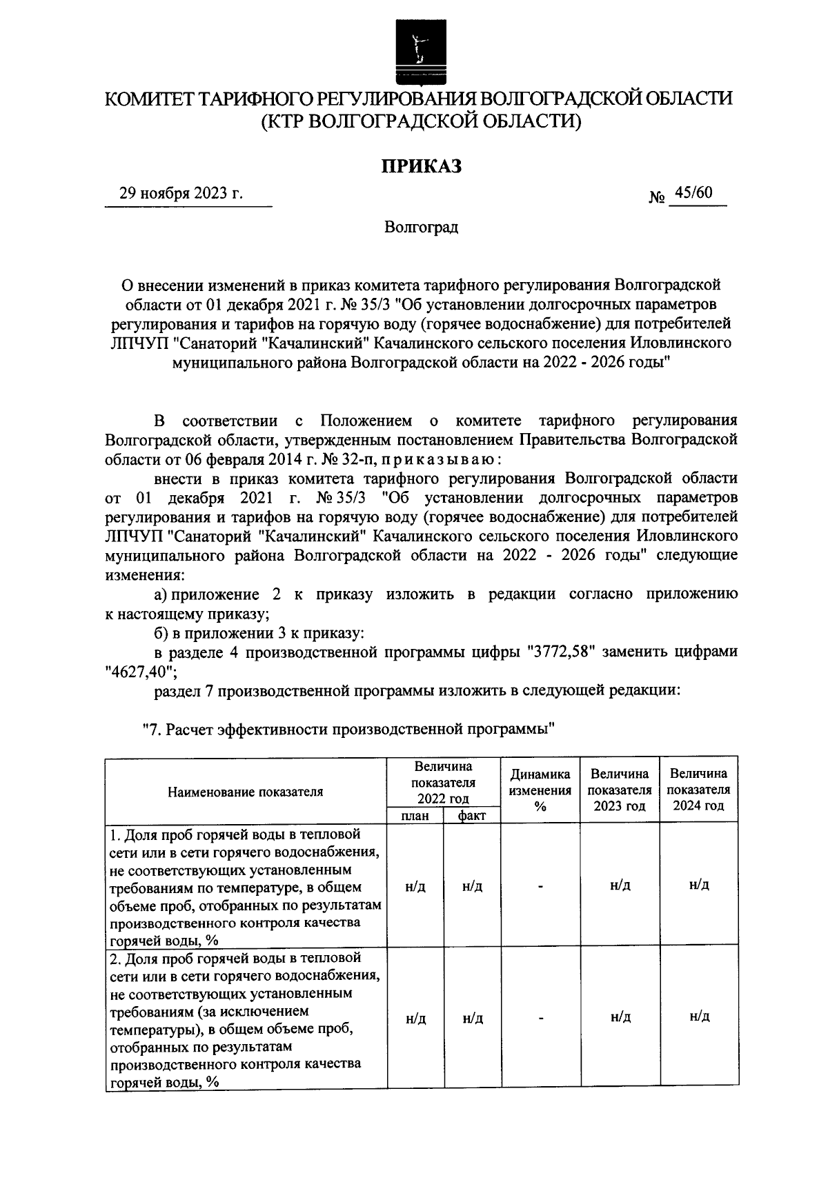 Приказ комитета тарифного регулирования Волгоградской области от 29.11.2023 № 45