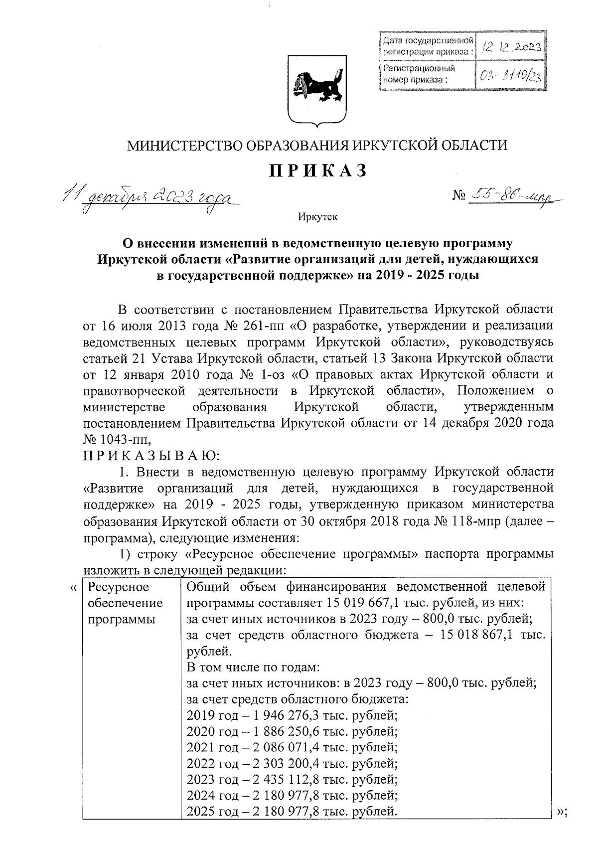 Приказ Министерства образования Иркутской области от 11.12.2023 № 55-86-мпр  ∙ Официальное опубликование правовых актов