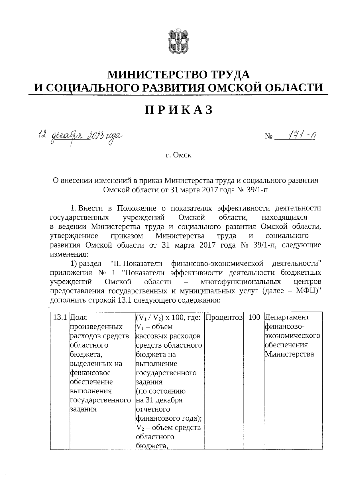 Приказ Министерства труда и социального развития Омской области от  12.12.2023 № 171-п ∙ Официальное опубликование правовых актов