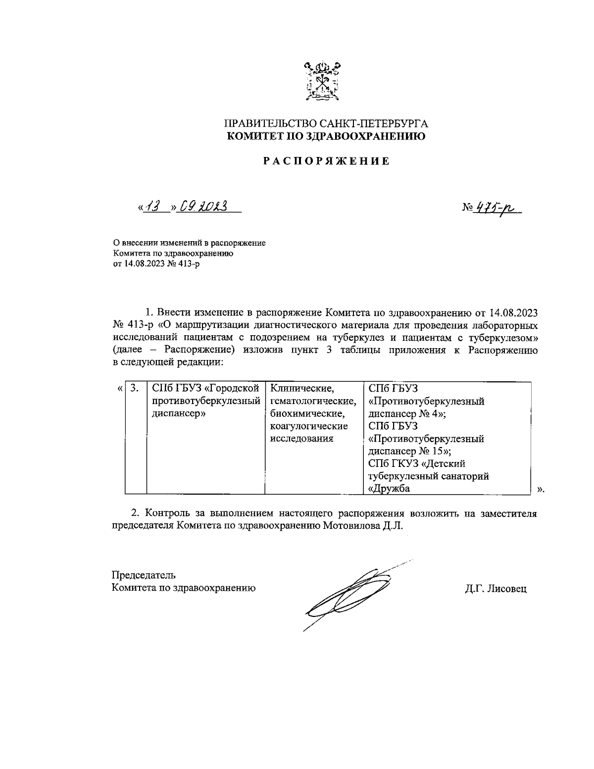 Распоряжение Комитета по здравоохранению Санкт-Петербурга от 13.09.2023 №  475-р ∙ Официальное опубликование правовых актов