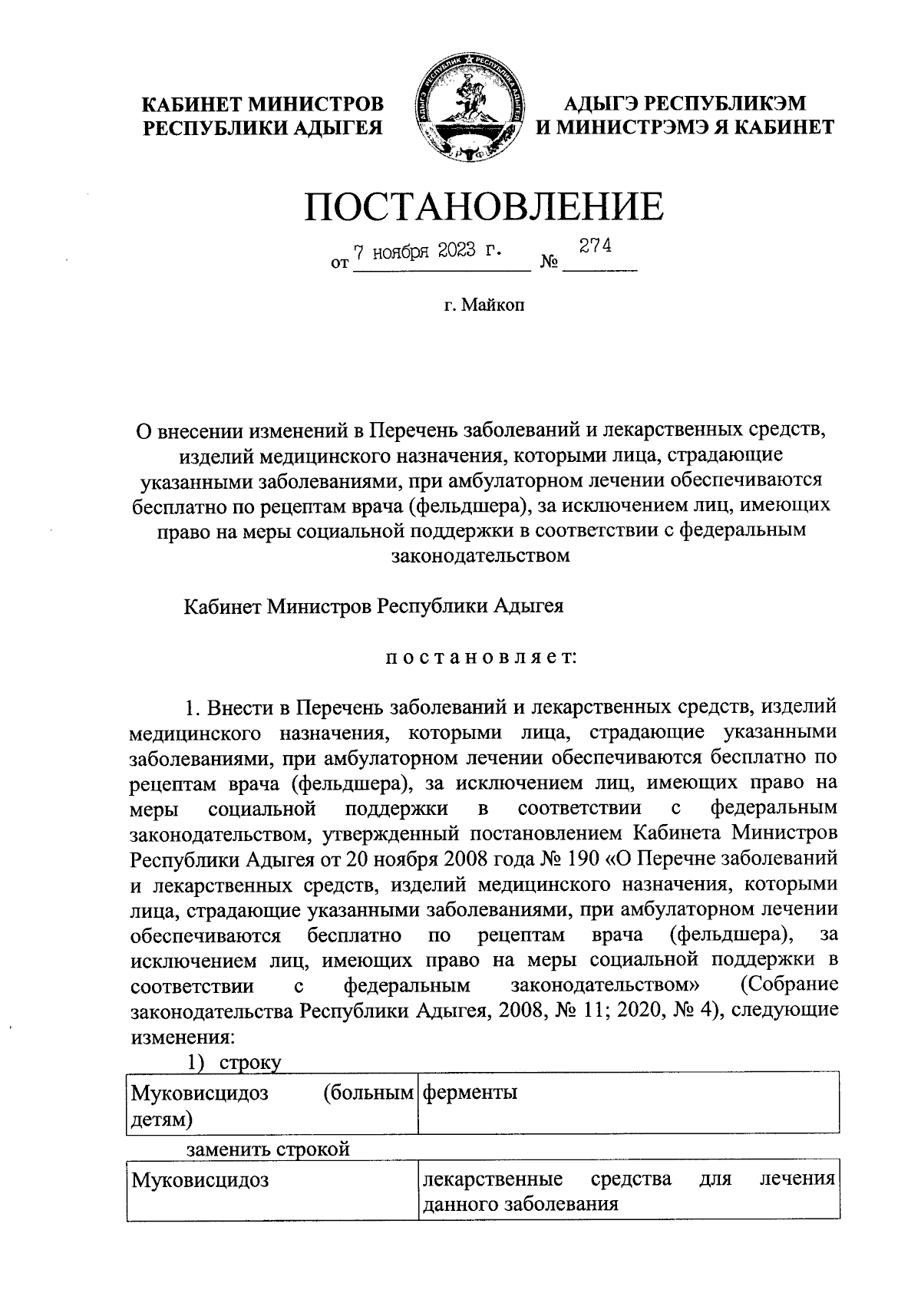 Постановление Кабинета Министров Республики Адыгея от 07.11.2023 № 274 ∙  Официальное опубликование правовых актов