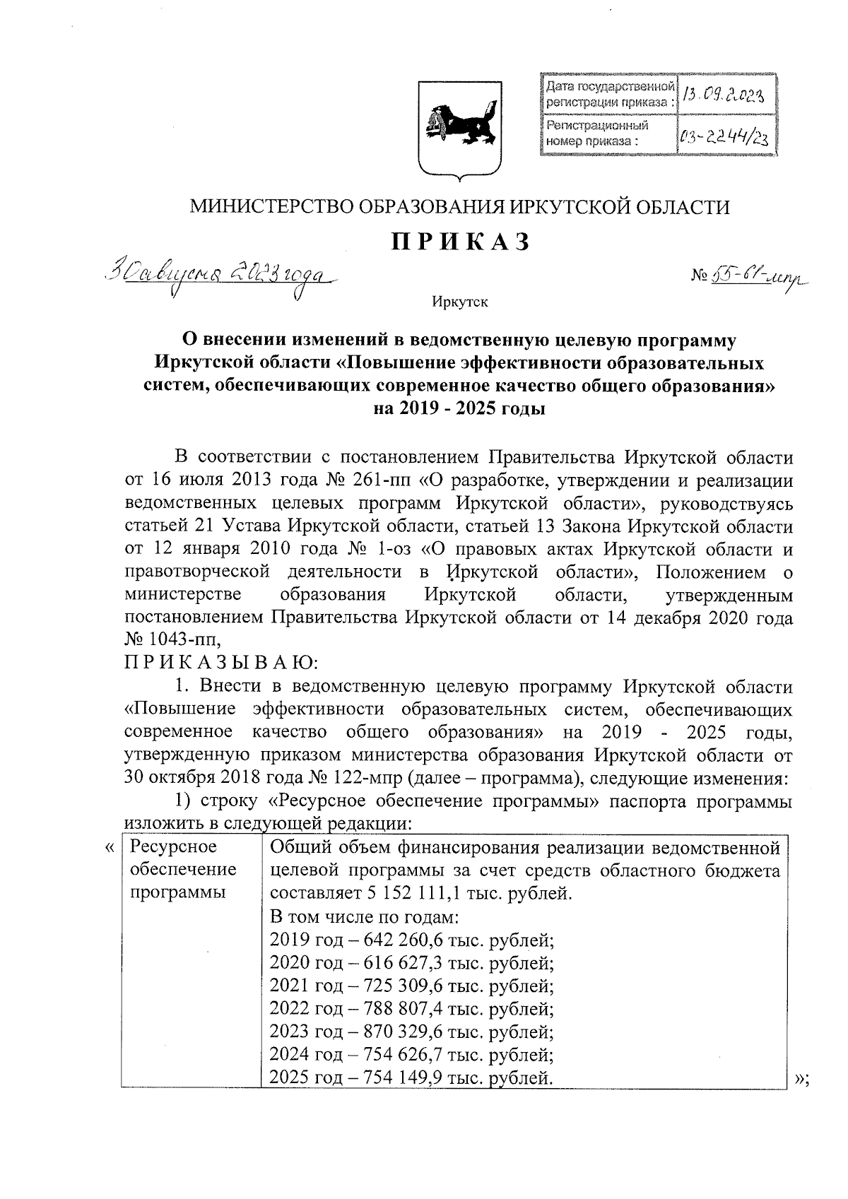 Приказ Министерства образования Иркутской области от 30.08.2023 № 55-61-мпр  ∙ Официальное опубликование правовых актов