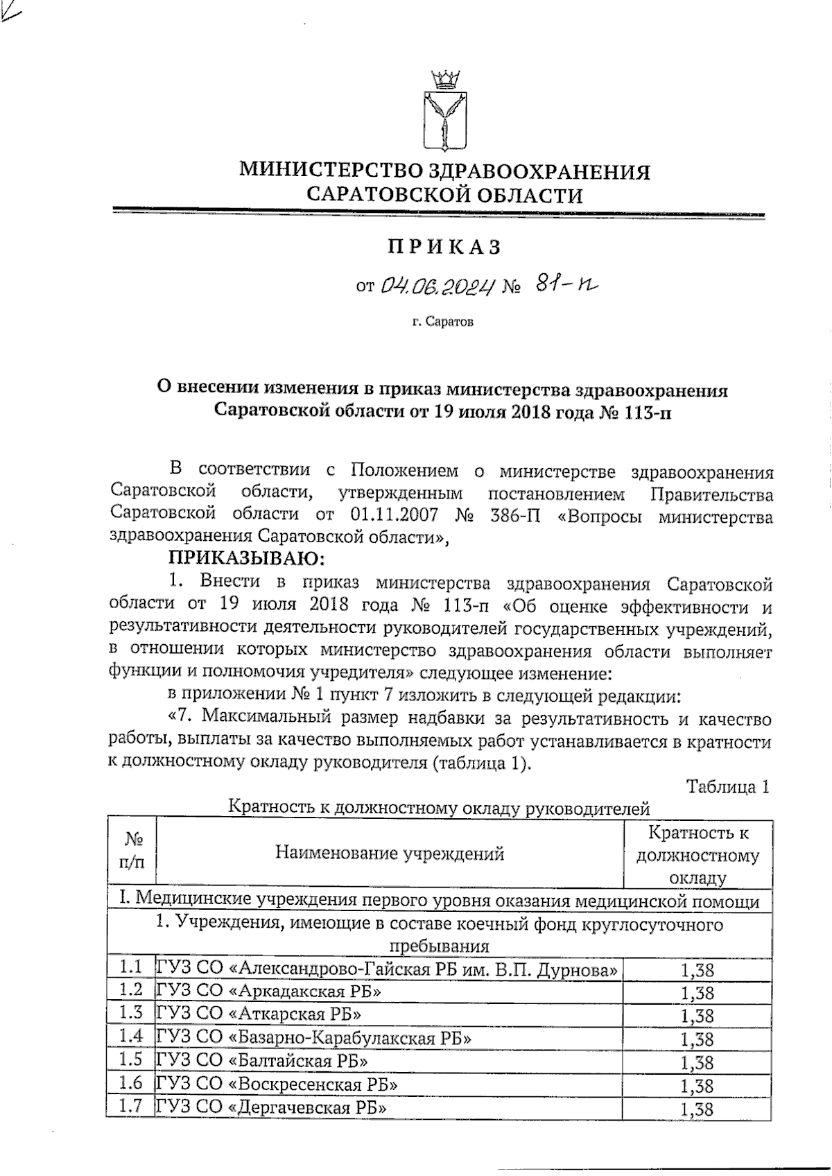 Приказ Министерства здравоохранения Саратовской области от 04.06.2024 №  81-п ∙ Официальное опубликование правовых актов