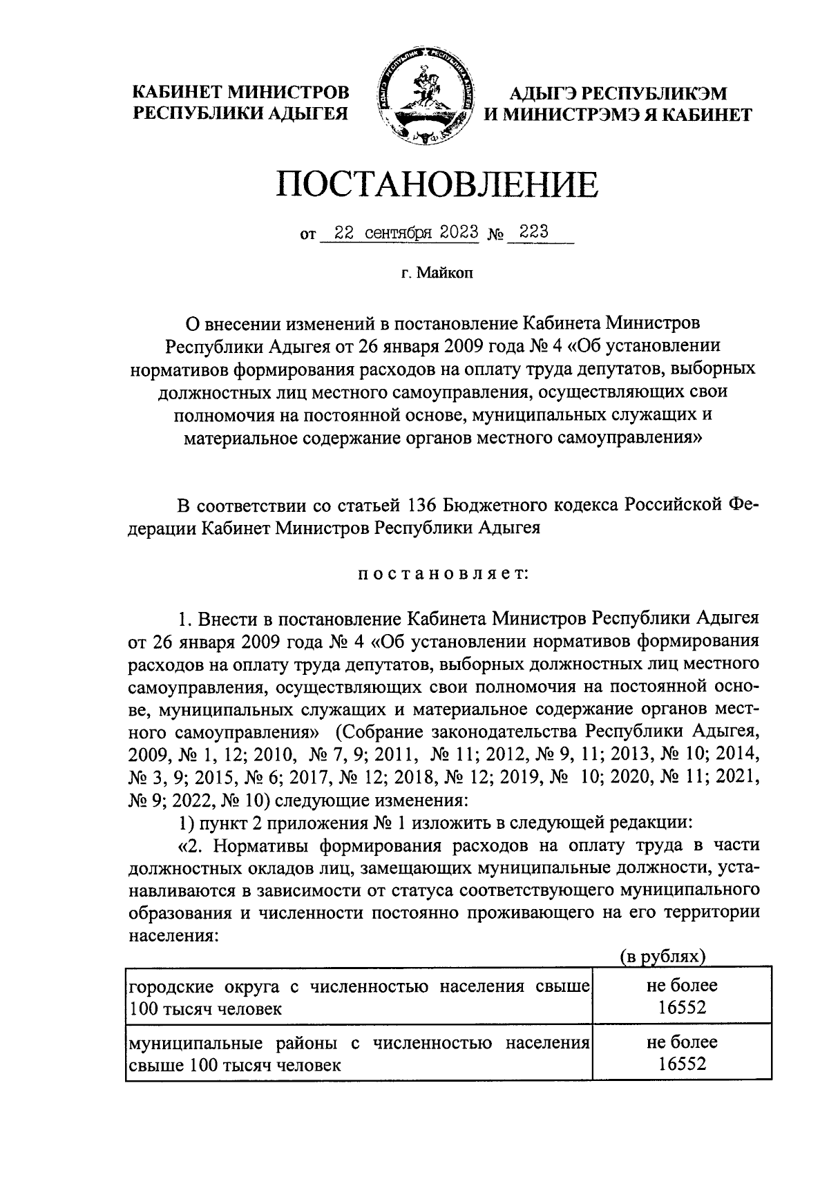 Постановление Кабинета Министров Республики Адыгея от 22.09.2023 № 223 ∙  Официальное опубликование правовых актов