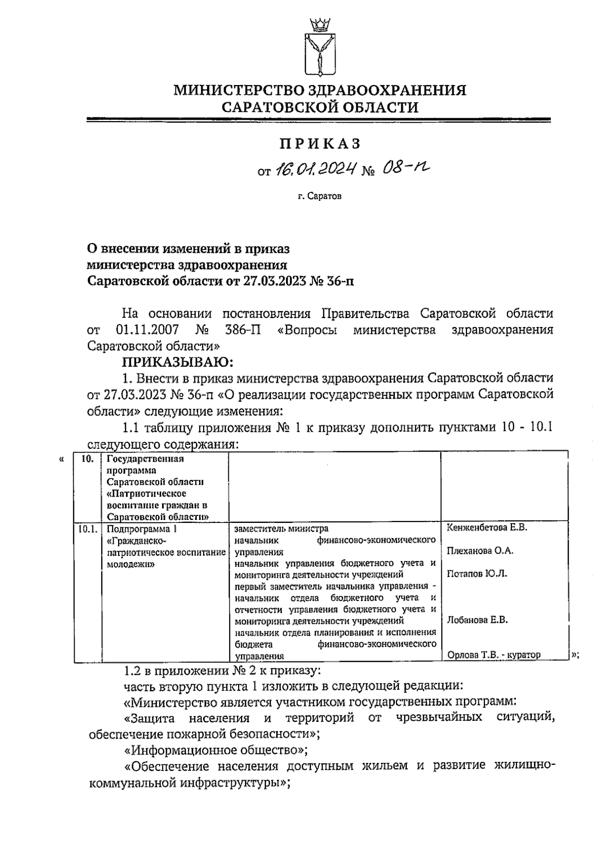 Приказ Министерства здравоохранения Саратовской области от 16.01.2024 №  08-п ∙ Официальное опубликование правовых актов