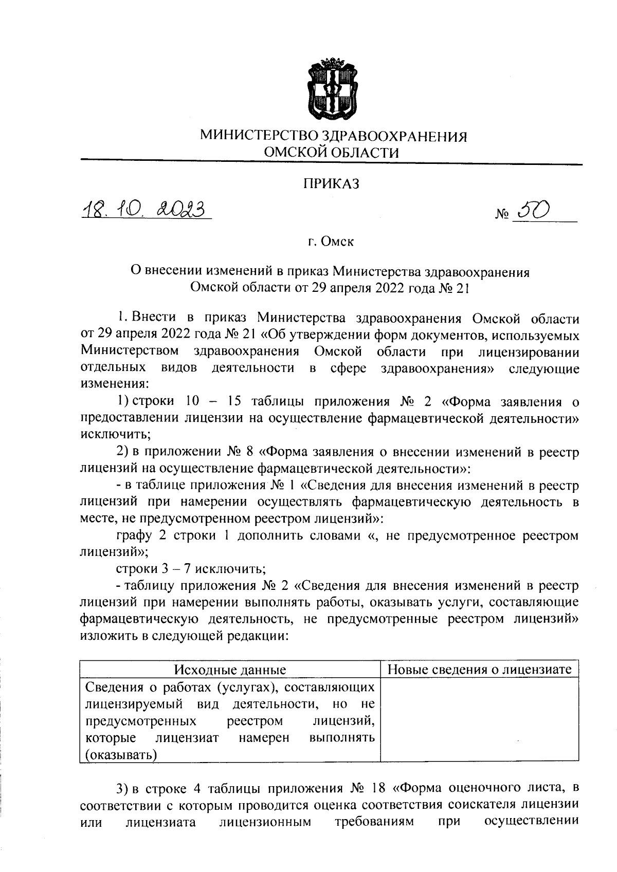 Приказ Министерства здравоохранения Омской области от 18.10.2023 № 50 ∙  Официальное опубликование правовых актов