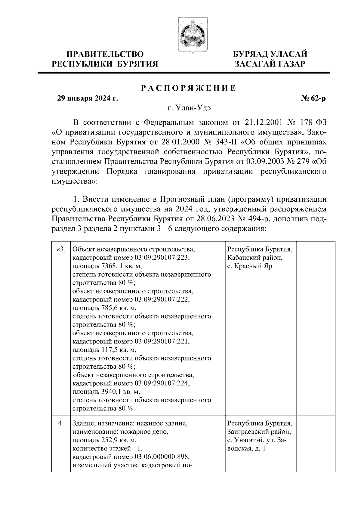 Распоряжение Правительства Республики Бурятия от 29.01.2024 № 62-р ∙  Официальное опубликование правовых актов