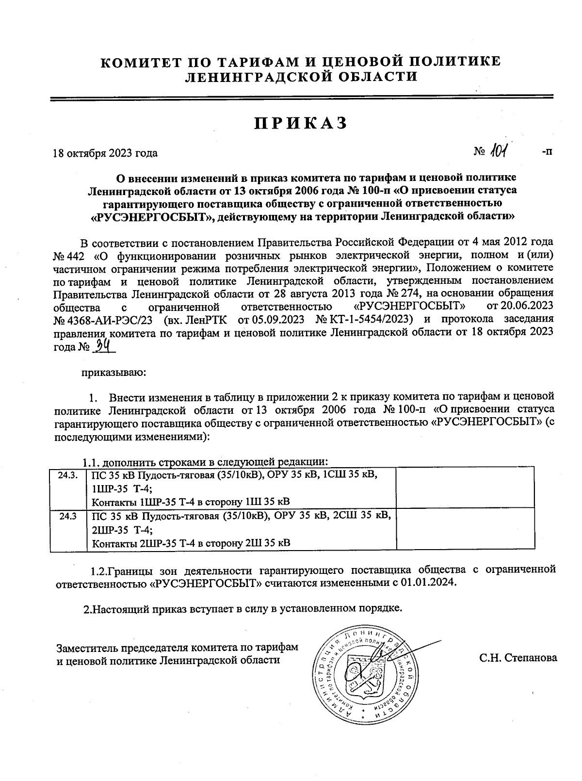 Приказ Комитета по тарифам и ценовой политике Ленинградской области от  18.10.2023 № 101-п ∙ Официальное опубликование правовых актов