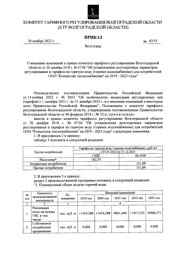 Приказ комитета тарифного регулирования Волгоградской области от 19.11.2020 № 40