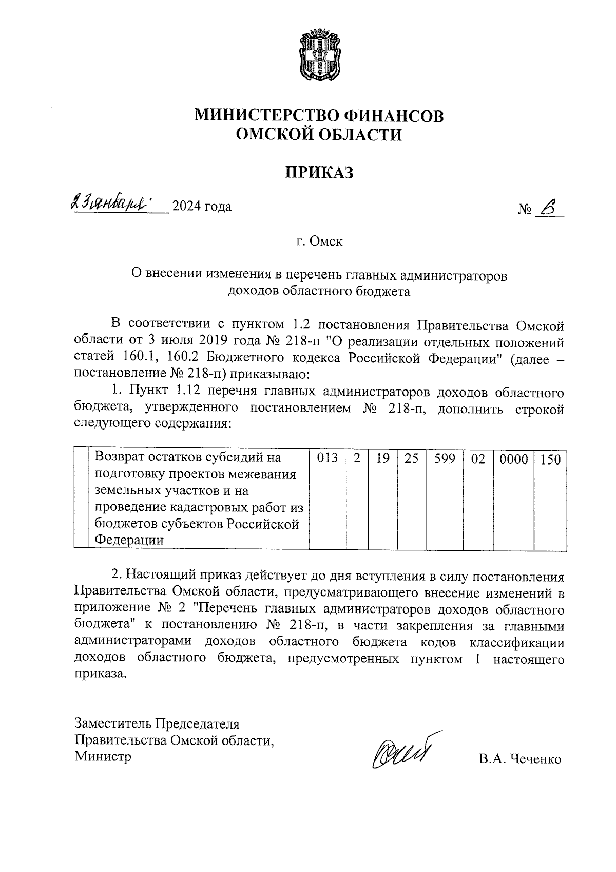 Приказ Министерства финансов Омской области от 23.01.2024 № 6 ∙ Официальное  опубликование правовых актов