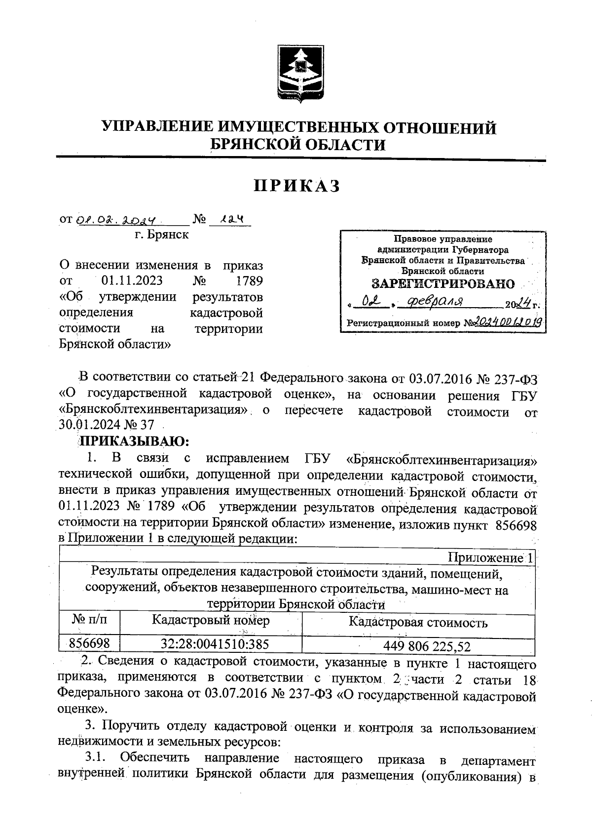 Приказ Управления имущественных отношений Брянской области от 01.02.2024 №  124 ∙ Официальное опубликование правовых актов