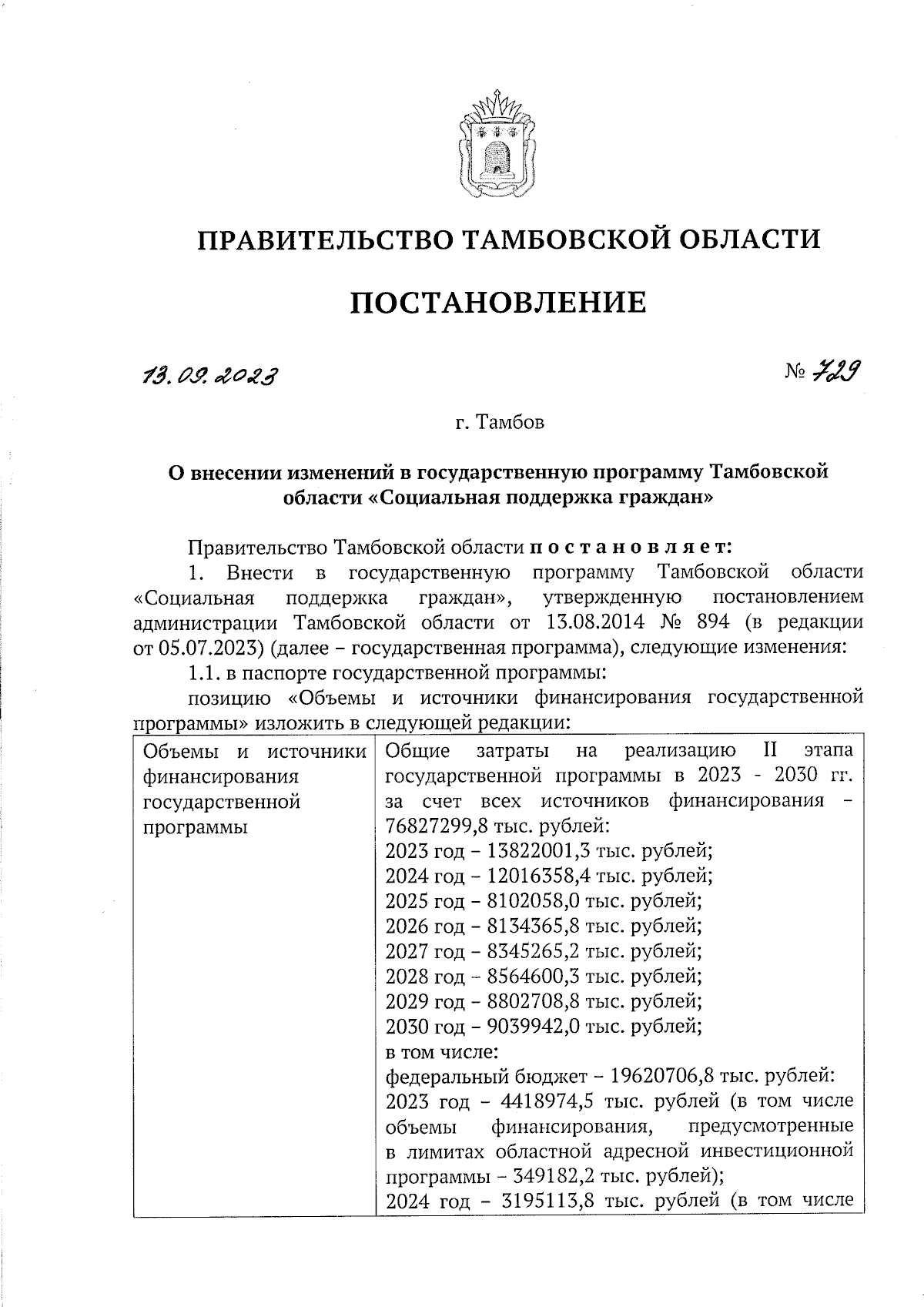 Постановление Правительства Тамбовской области от 13.09.2023 № 729 ∙  Официальное опубликование правовых актов