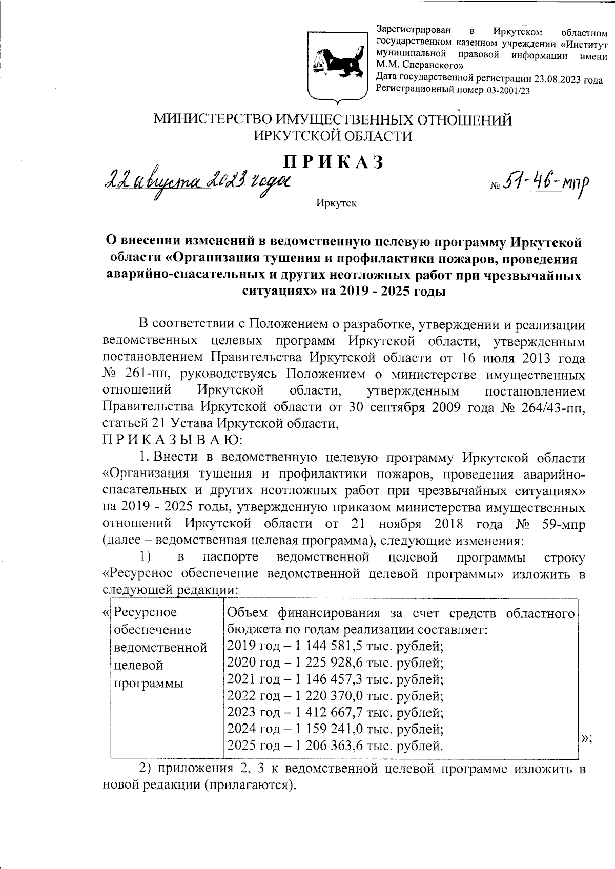 Приказ Министерства имущественных отношений Иркутской области от 22.08.2023  № 51-46-мпр ∙ Официальное опубликование правовых актов