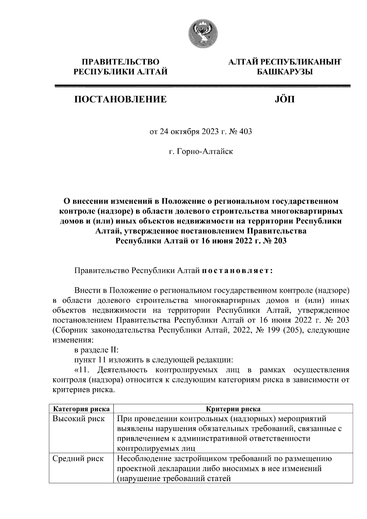 Постановление Правительства Республики Алтай от 24.10.2023 № 403 ∙  Официальное опубликование правовых актов